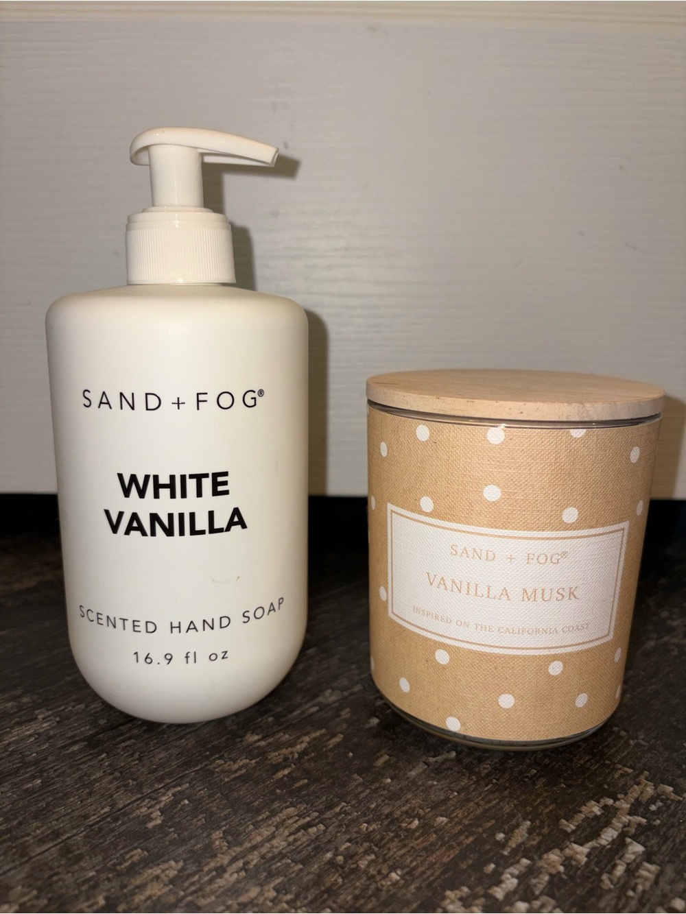 Sand + Fog  White Vanilla Scented Hand Soap and Vanilla Mush Candle